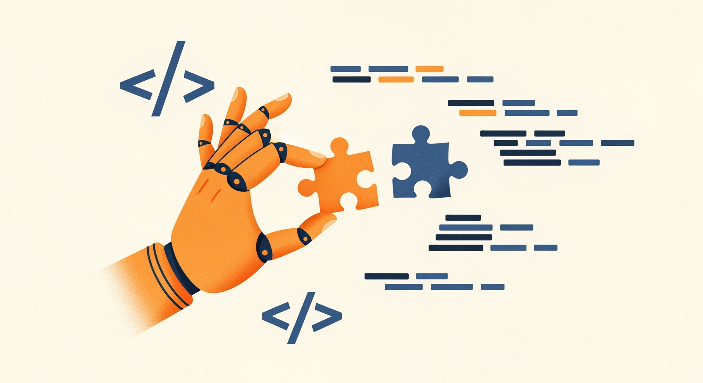 A robot hand placing a finished pull-request puzzle piece into code
