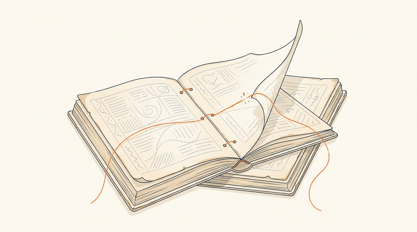An archival ledger whose pages are joined by one unbroken thread; a lifted page strains it.