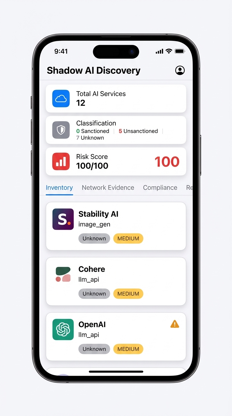 Aribot's Shadow AI Discovery dashboard showing detected unauthorized AI services